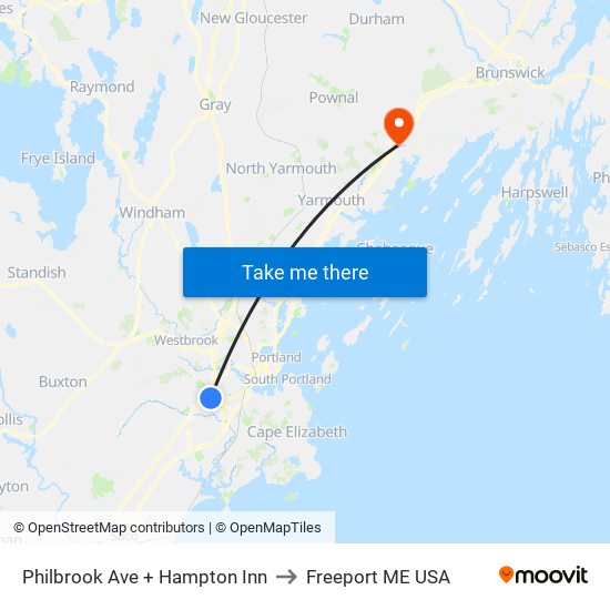 Philbrook Ave + Hampton Inn to Freeport ME USA map