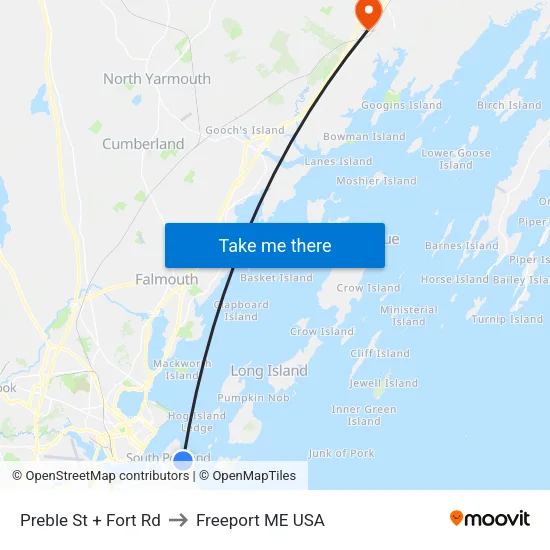 Preble St + Fort Rd to Freeport ME USA map