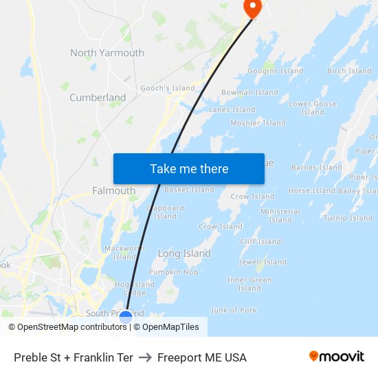 Preble St + Franklin Ter to Freeport ME USA map