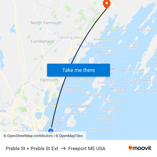 Preble St + Preble St Ext to Freeport ME USA map