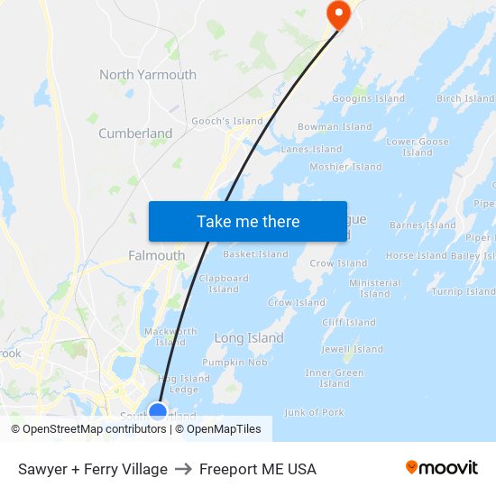 Sawyer + Ferry Village to Freeport ME USA map