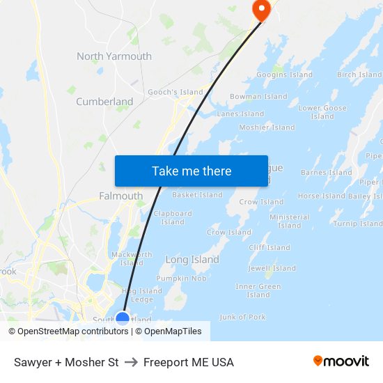 Sawyer + Mosher St to Freeport ME USA map