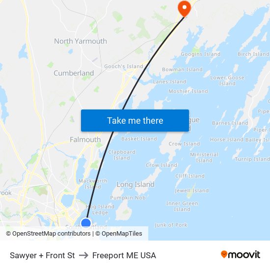 Sawyer + Front St to Freeport ME USA map