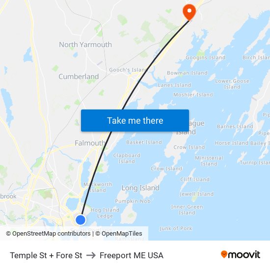 Temple St + Fore St to Freeport ME USA map