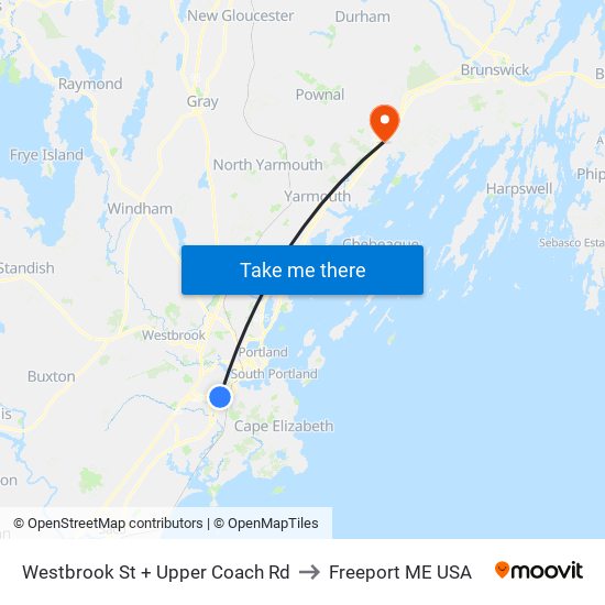 Westbrook St + Upper Coach Rd to Freeport ME USA map