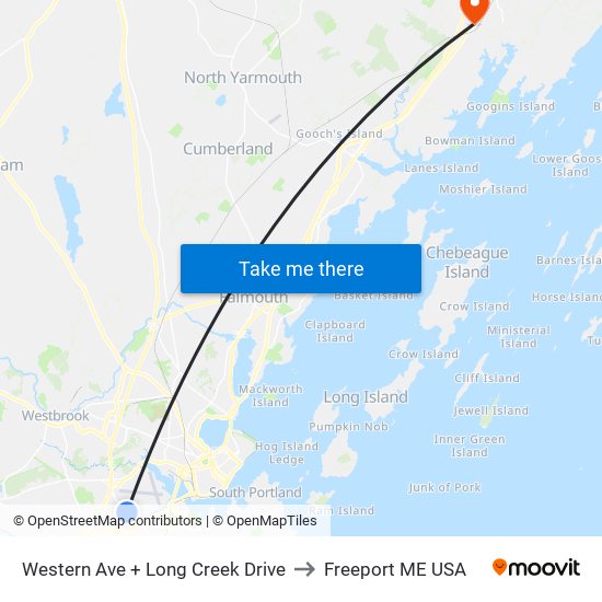 Western Ave + Long Creek Drive to Freeport ME USA map