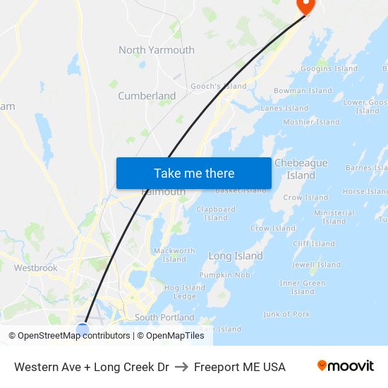 Western Ave + Long Creek Dr to Freeport ME USA map