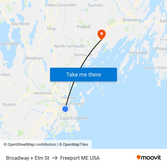 Broadway + Elm St to Freeport ME USA map