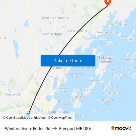 Western Ave + Foden Rd to Freeport ME USA map
