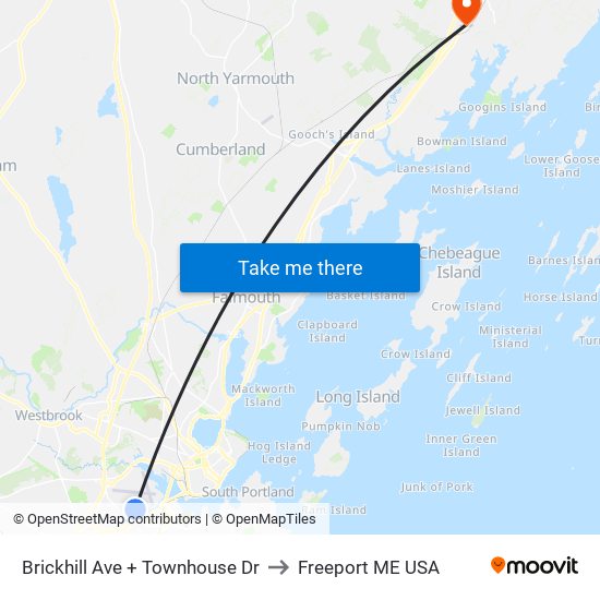 Brickhill Ave + Townhouse Dr to Freeport ME USA map