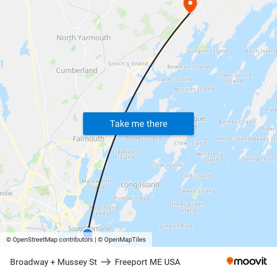 Broadway + Mussey St to Freeport ME USA map
