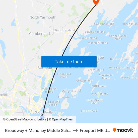 Broadway + Mahoney Middle School to Freeport ME USA map