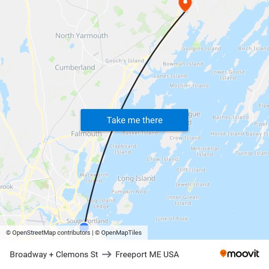 Broadway + Clemons St to Freeport ME USA map