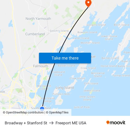 Broadway + Stanford St to Freeport ME USA map