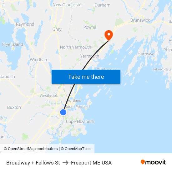 Broadway + Fellows St to Freeport ME USA map
