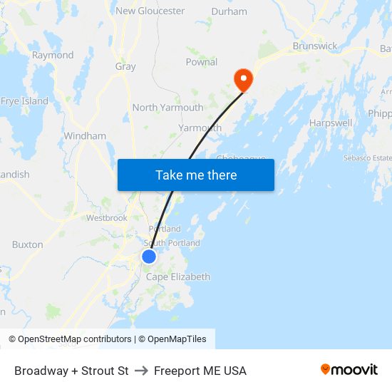 Broadway + Strout St to Freeport ME USA map