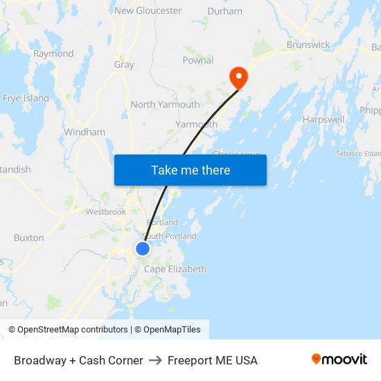 Broadway + Cash Corner to Freeport ME USA map