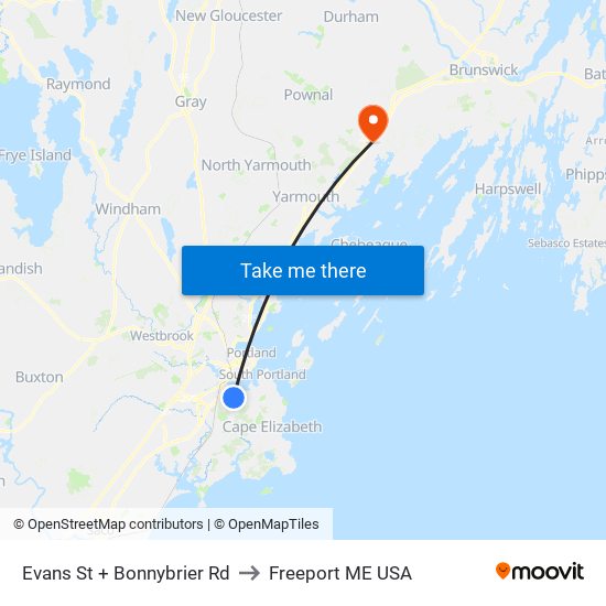 Evans St + Bonnybrier Rd to Freeport ME USA map