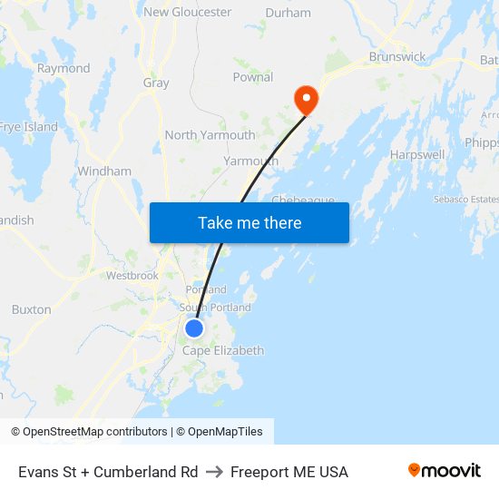 Evans St + Cumberland Rd to Freeport ME USA map