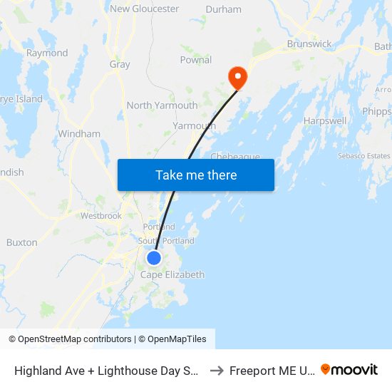 Highland Ave + Lighthouse Day School to Freeport ME USA map