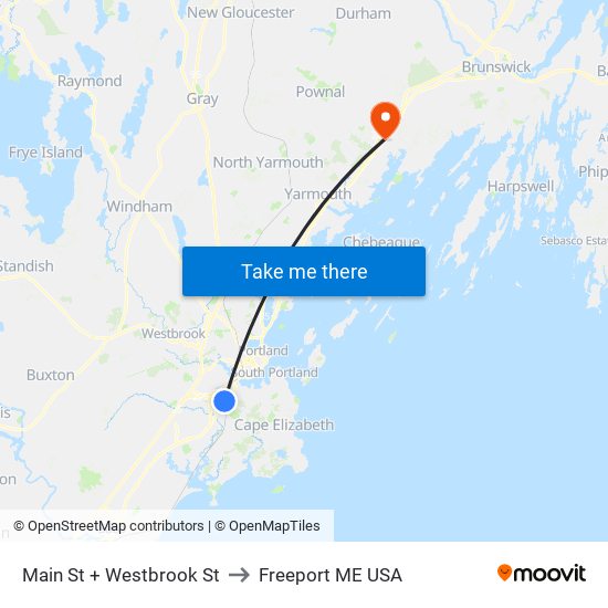 Main St + Westbrook St to Freeport ME USA map