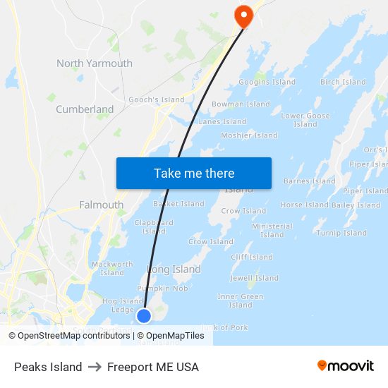 Peaks Island to Freeport ME USA map