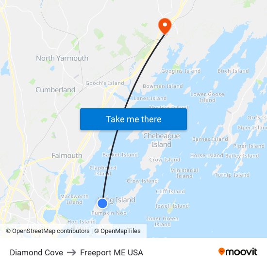 Diamond Cove to Freeport ME USA map