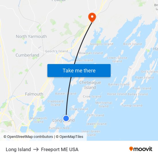 Long Island to Freeport ME USA map