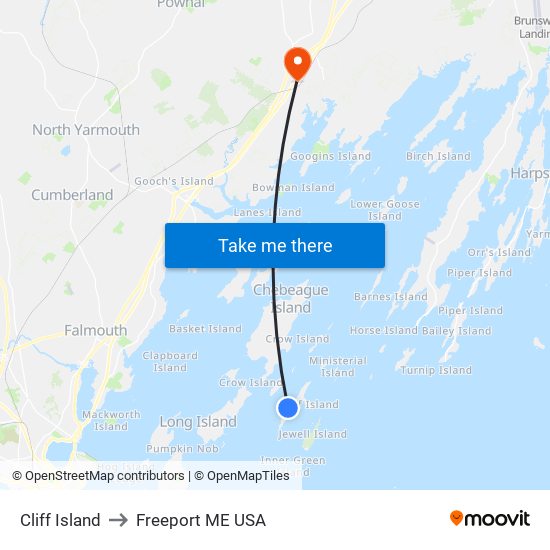 Cliff Island to Freeport ME USA map