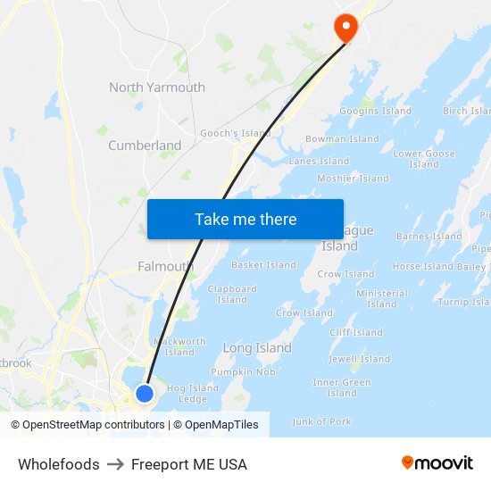 Wholefoods to Freeport ME USA map