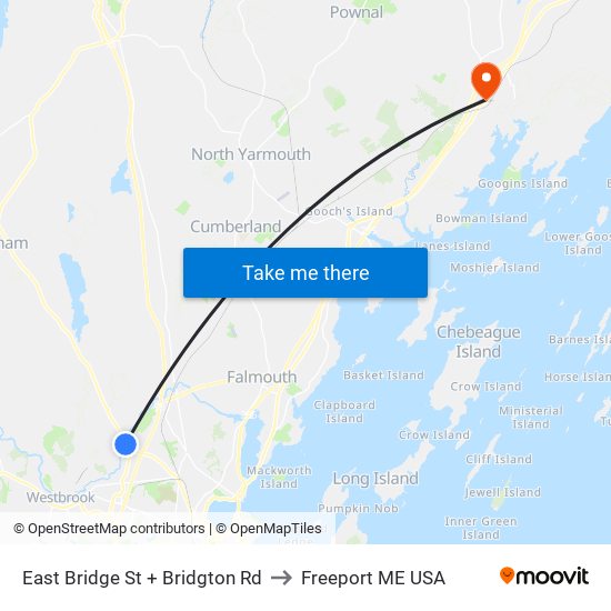 East Bridge St + Bridgton Rd to Freeport ME USA map