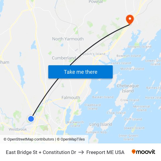 East Bridge St + Constitution Dr to Freeport ME USA map