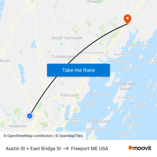 Austin St + East Bridge St to Freeport ME USA map