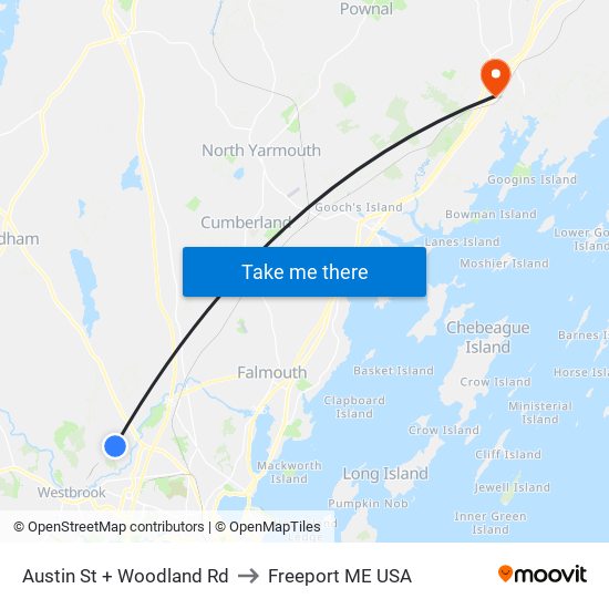 Austin St + Woodland Rd to Freeport ME USA map