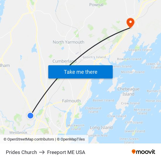 Prides Church to Freeport ME USA map