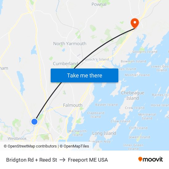 Bridgton Rd + Reed St to Freeport ME USA map