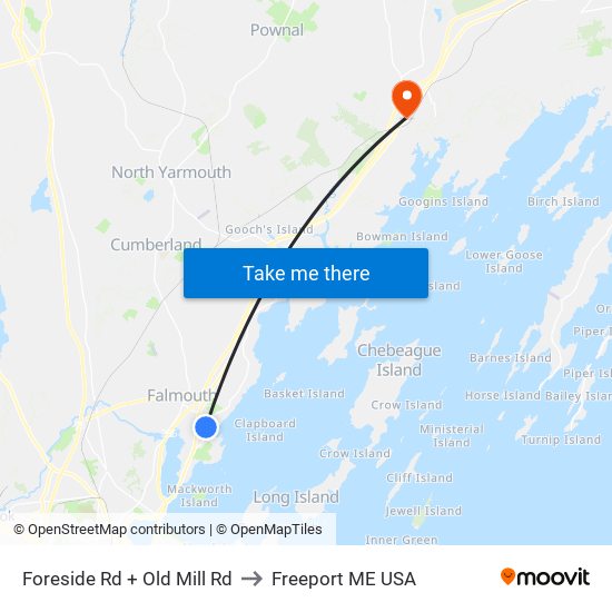 Foreside Rd + Old Mill Rd to Freeport ME USA map