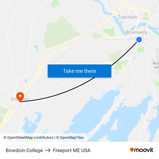 Bowdoin College to Freeport ME USA map