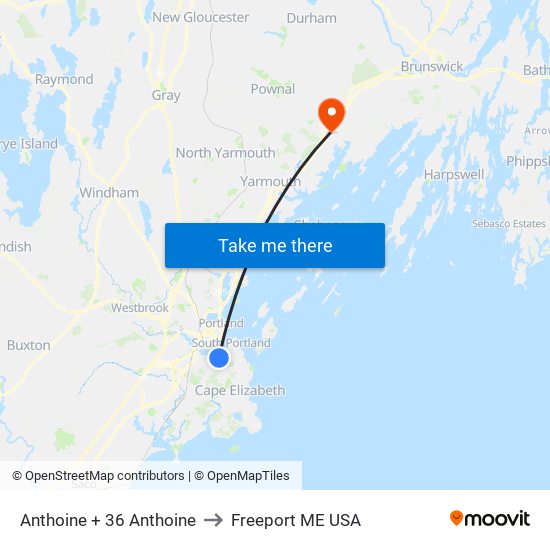 Anthoine + 36 Anthoine to Freeport ME USA map
