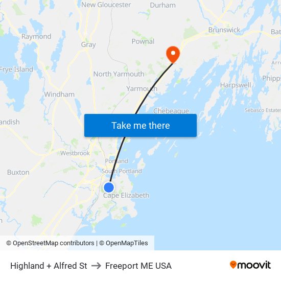 Highland + Alfred St to Freeport ME USA map