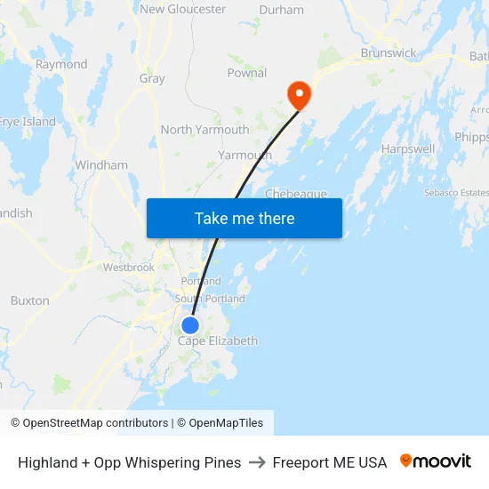 Highland + Opp Whispering Pines to Freeport ME USA map