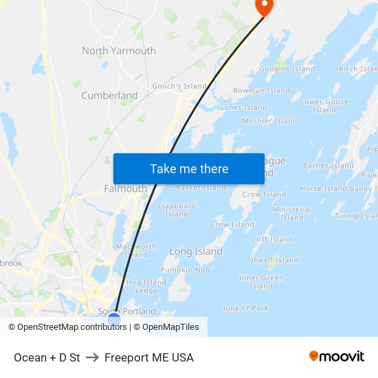 Ocean + D St to Freeport ME USA map