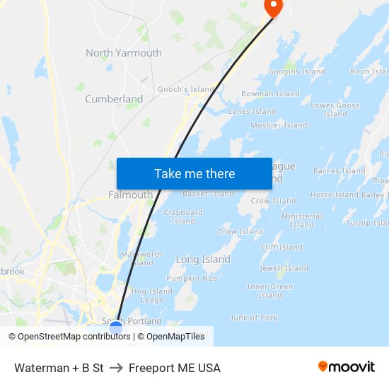 Waterman + B St to Freeport ME USA map