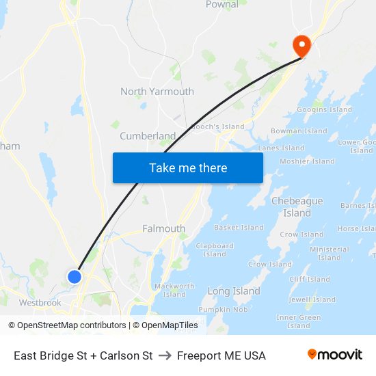 East Bridge St + Carlson St to Freeport ME USA map