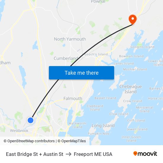 East Bridge St + Austin St to Freeport ME USA map