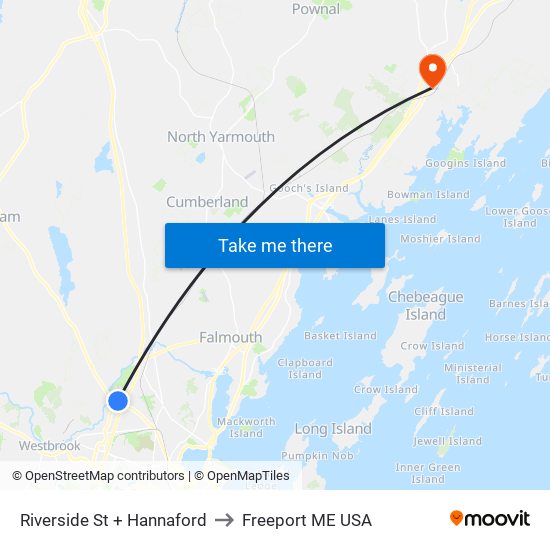 Riverside St + Hannaford to Freeport ME USA map