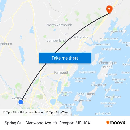 Spring St + Glenwood Ave to Freeport ME USA map