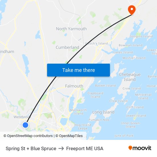 Spring St + Blue Spruce to Freeport ME USA map