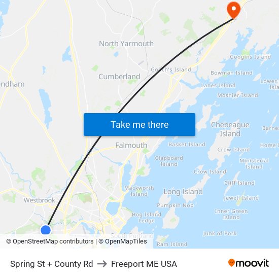 Spring St + County Rd to Freeport ME USA map