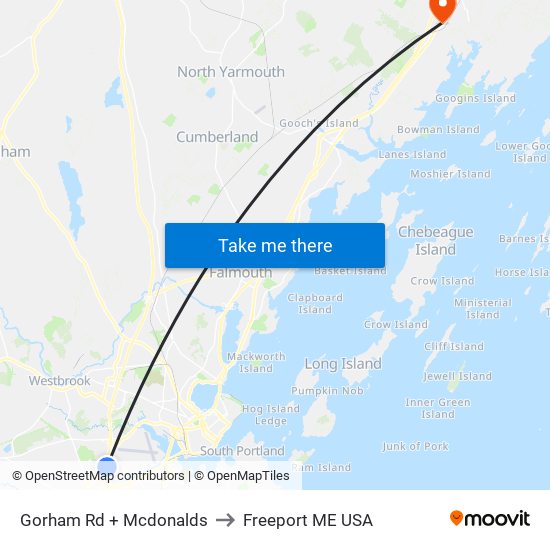 Gorham Rd + Mcdonalds to Freeport ME USA map